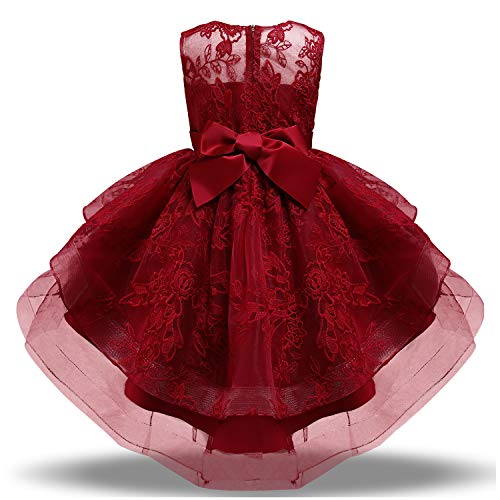 NNJXD Blume Mädchen Spitze Kleid Weihnachten Party Ball Kleid Prinzessin Kleid Größe (120) 4-5 Jahre 728 Rot von NNJXD
