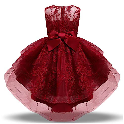 NNJXD Blume Mädchen Spitze Kleid Weihnachten Party Ball Kleid Prinzessin Kleid Größe (130) 5-6 Jahre 728 Rot von NNJXD