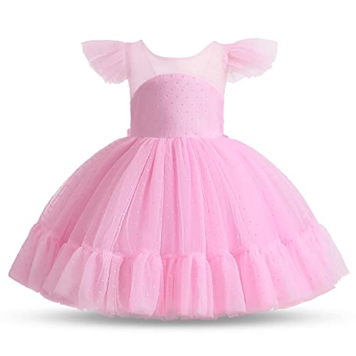 NNJXD Blumen Mädchen Party Brautkleid Tüll Prinzessin Punktmuster Festzug Kleid Größe (110) 3-4 Jahre 747 Rosa-A von NNJXD