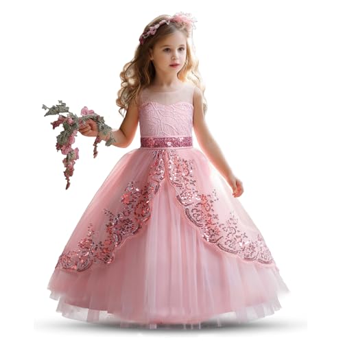 NNJXD Blumenmädchen-Festzug-Partykleid Tutu Weihnachten Spitze Prinzessin Hochzeitskleid 0250 Rosa Größe (120) 4–5 Jahre von NNJXD