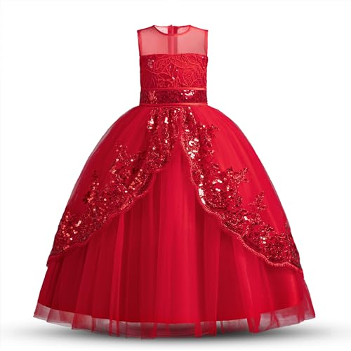 NNJXD Blumenmädchen-Festzug-Partykleid Tutu Weihnachten Spitze Prinzessin Hochzeitskleid 0250 Rot Größe (130) 5–6 Jahre von NNJXD