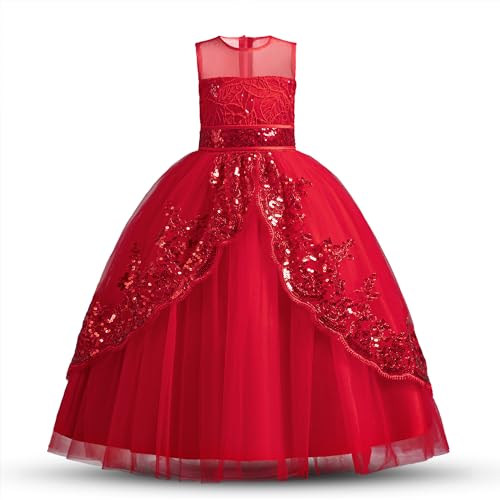 NNJXD Blumenmädchen-Festzug-Partykleid Tutu Weihnachten Spitze Prinzessin Hochzeitskleid 0250 Rot Größe (140) 7–8 Jahre von NNJXD