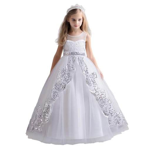 NNJXD Blumenmädchen-Festzug-Partykleid Tutu Weihnachten Spitze Prinzessin Hochzeitskleid 0250 Weiß Größe (140) 7–8 Jahre von NNJXD