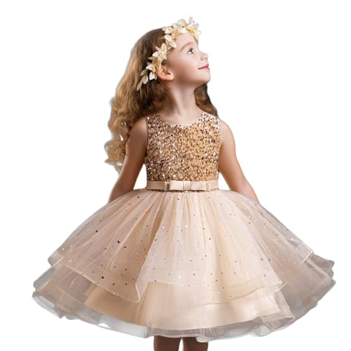 NNJXD Blumenmädchen Festzug Seuqins Partykleid Tutu Prinzessin Hochzeit Ballkleid 2055 Gelb Größe (120) 4–5 Jahre von NNJXD