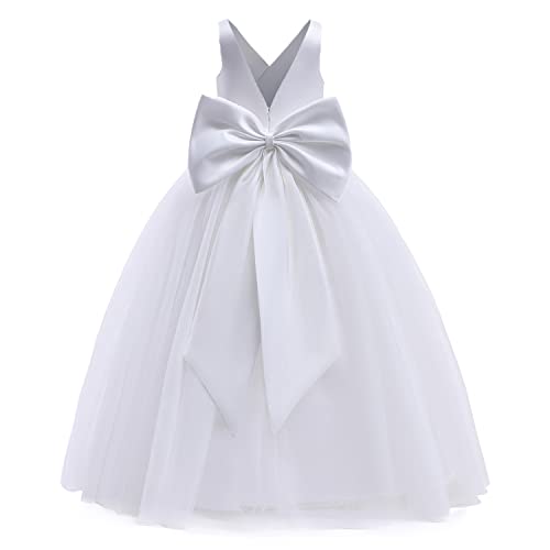 NNJXD Blumenmädchen Hochzeit Festzug Kleid Backless Formales Langes Kleid 784 Weiß Größe(140) 8-9 Jahre von NNJXD