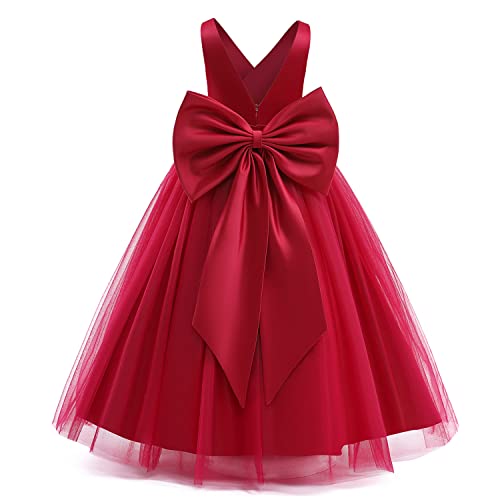 NNJXD Blumenmädchen Hochzeit Festzug Kleid Rückenfreies Formales Langes Kleid 784 Rot Größe(130) 6-7 Jahre von NNJXD