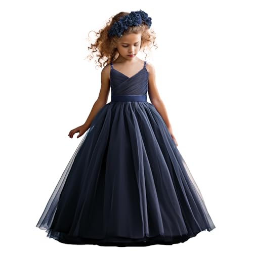 NNJXD Blumenmädchen Hochzeit Festzug Kleid Tüll Formal Lange Prinzessin Kleid 785 Marineblau Größe(130) 6-7 Jahre von NNJXD