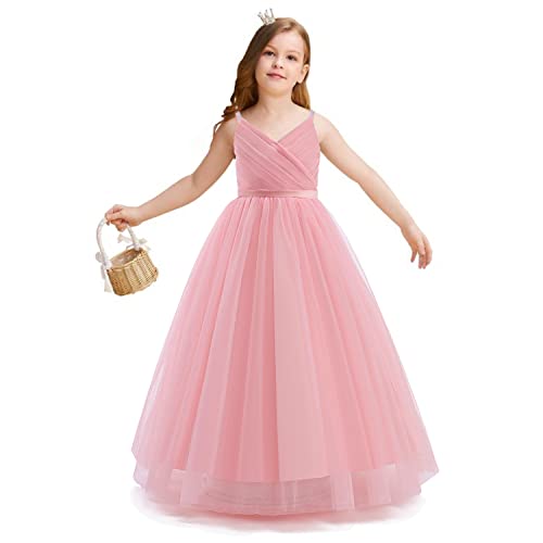 NNJXD Blumenmädchen Hochzeit Festzug Kleid Tüll Formal Lange Prinzessin Kleid 785 Rosa Größe(130) 6-7 Jahre von NNJXD