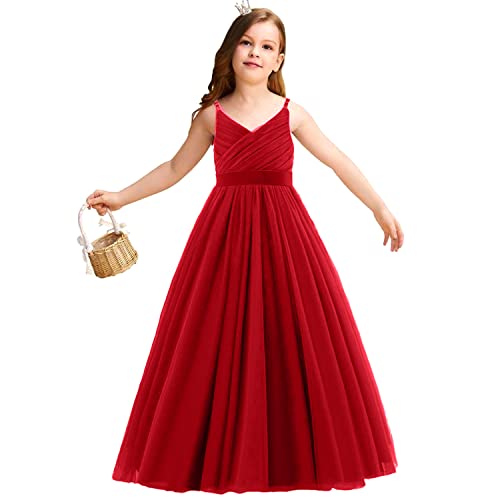 NNJXD Blumenmädchen Hochzeit Festzug Kleid Tüll Formal Lange Prinzessin Kleid 785 Rot Größe(140) 8-9 Jahre von NNJXD