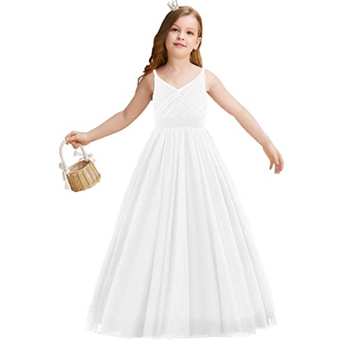 NNJXD Blumenmädchen Hochzeit Festzug Kleid Tüll Formale Lange Prinzessin Kleid 785 Weiß Größe(170) 14-15Jahre von NNJXD