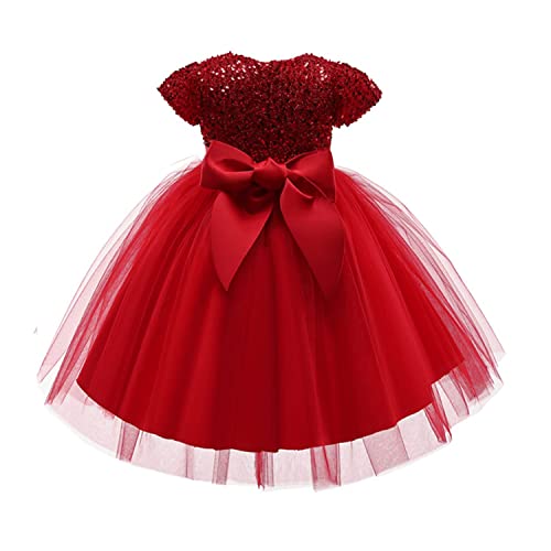 NNJXD Blumenmädchen Hochzeit Pailletten Tutu Kleid Mädchen Festzug Kleid Größe (130) 5-6 Jahre 737 Rot-A von NNJXD