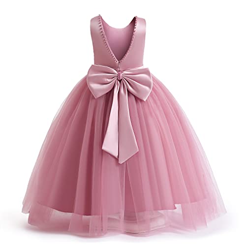 NNJXD Blumenmädchen-Hochzeitsfest-Festzug-Kleid, rückenfrei, formelles langes Kleid mit Perlenstickerei, 788, Rosa, Größe (140), 8-9 Jahre von NNJXD