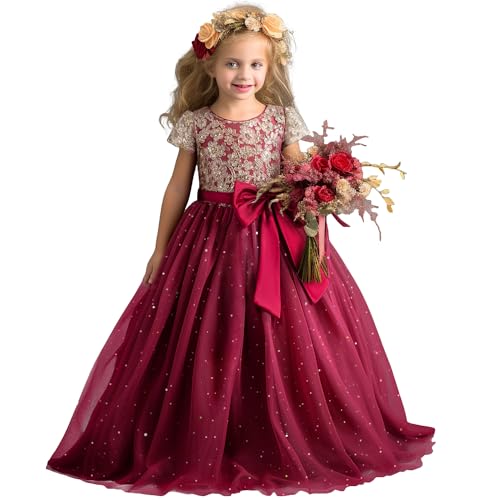 NNJXD Blumenmädchen-Partykleid Tutu Funkelnde Pailletten Weihnachtsfeier Schleife Prinzessin langes Hochzeitskleid 053 Rot Größe (150) 10–11 Jahre von NNJXD