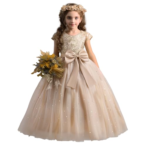 NNJXD Blumenmädchen-Partykleid Tutu Funkelnde Pailletten Weihnachtsfeier Schleife Prinzessin langes Hochzeitskleid 053 Sekt Größe (150) 10–11 Jahre von NNJXD