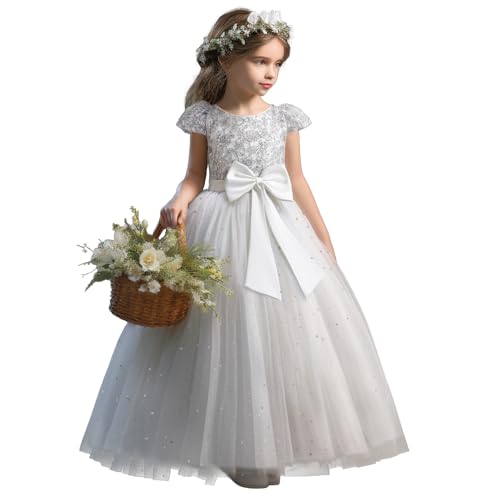 NNJXD Blumenmädchen-Partykleid Tutu Funkelnde Pailletten Weihnachtsfeier Schleife Prinzessin langes Hochzeitskleid 053 Weiß Größe (120) 4–5 Jahre von NNJXD