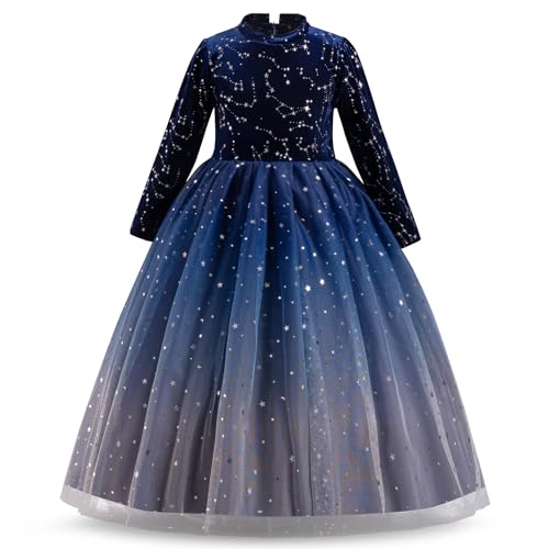 NNJXD Blumenmädchen-Partykleid Tutu Lange Ärmel Herbst-Winter Weihnachten Prinzessin Hochzeitskleid 1972 Navy Blau Größe (130) 5–6 Jahre von NNJXD