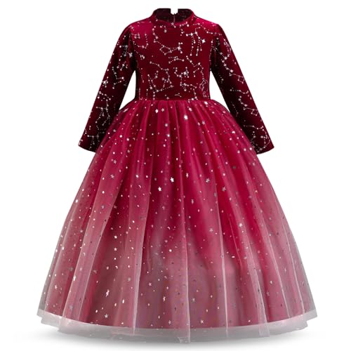 NNJXD Blumenmädchen-Partykleid Tutu Lange Ärmel Herbst-Winter Weihnachten Prinzessin Hochzeitskleid 1972 Rot Größe (110) 3–4 Jahre von NNJXD