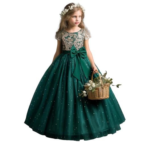 NNJXD Blumenmädchen-Partykleid Tutu glitzernde Pailletten Weihnachtsfeier Schleife Prinzessin langes Hochzeitskleid 053 Grün Größe (130) 6–7 Jahre von NNJXD