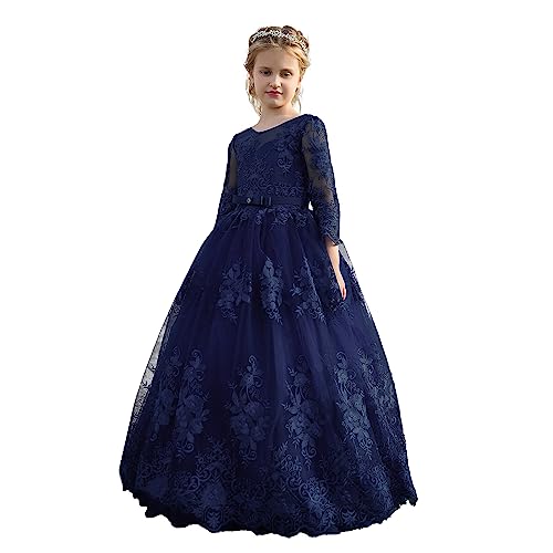 NNJXD Blumenmädchen Spitze Brautkleid Prinzessin Festzug Party Ballkleid 2043 Marineblau Größe (120) 4-5 Jahre von NNJXD