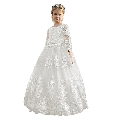 NNJXD Blumenmädchen Spitze Brautkleid Prinzessin Festzug Party Ballkleid 2043 Weiß Größe (140) 8-9 Jahre von NNJXD