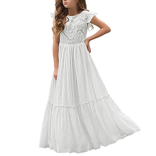 NNJXD Blumenmädchen Spitzenkleid Elegante Prinzessin A-Linie Swing Lange Kleider 1927 Weiß Größe (140) 6-7 Jahre von NNJXD