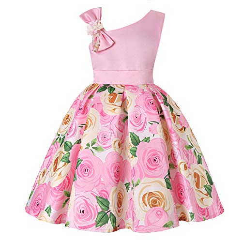 NNJXD Blumenmusterkleid für Mädchen mit Schleife und Blumenmotiv 033 Hellrosa Größe (110) 3-4 Jahre von NNJXD