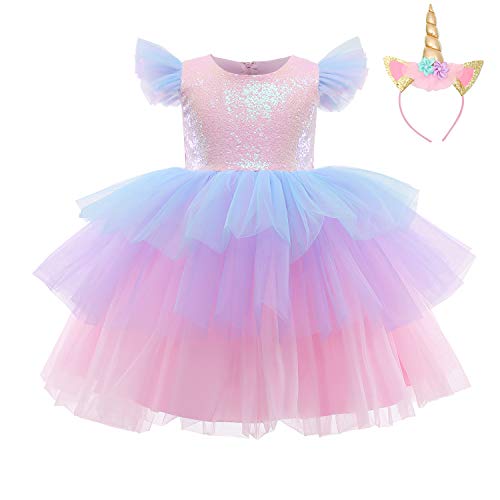 NNJXD Einhorn Kleid Pailletten Party Cosplay Kostüm Größe(110) 3-4 Jahre 744 Rosa-A von NNJXD