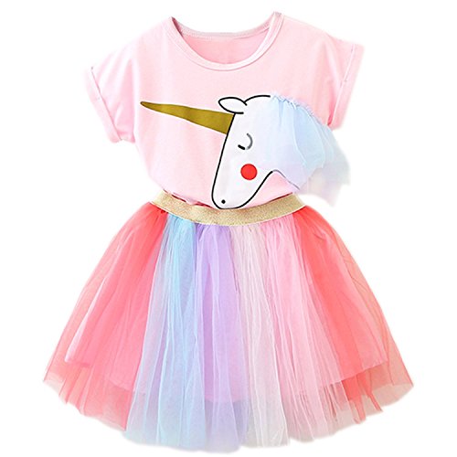 NNJXD Kleine Mädchen Kleider Einhorn 2 Stück Outfits mit rosa Tops + Regenbogen Tutu Röcke Größe（100） 2-3 Jahre Rosa von NNJXD