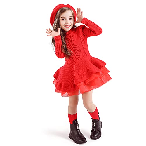 NNJXD Kleine Mädchen Multi Layer Ruffle Sweater Casual Dress Größe(100) 2-3 Jahre 668 Rot-A von NNJXD