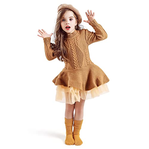 NNJXD Kleine Mädchen Multi Layer Ruffle Sweater Casual Dress Größe(140) 6-7 Jahre 668 Gelb-A von NNJXD