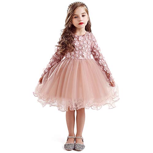 NNJXD Kleine Mädchen Spitze Gestickte Applikationen Prinzessin Tutu Party Floral Kleid Größe (110) 3-4 Jahre Rosa von NNJXD