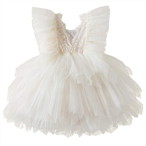 NNJXD Kleinkind Baby Mädchen Tüll Sommerkleid Geburtstag Party Spitze Tutu Taufe Kleidung 1961 Creme Größe (110) 3-4 Jahre von NNJXD