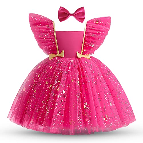 NNJXD Kleinkind Kleinkind Baby Mädchen Kleine Sterne Tüll Kleid Party Bowknot Tutu Kleid 2023 Rosarot Größe (100) 2-3 Jahre von NNJXD