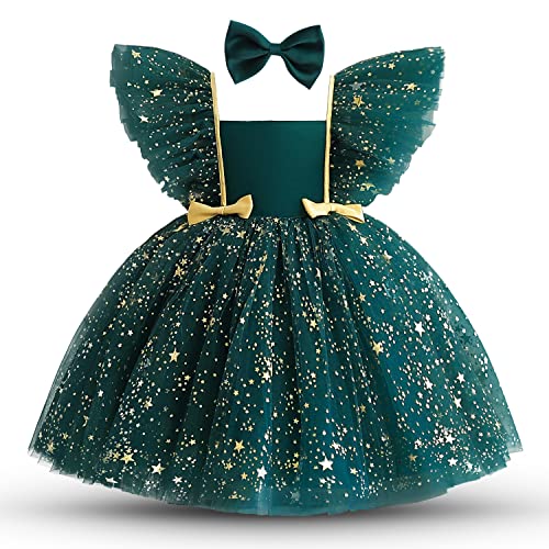 NNJXD Kleinkind Kleinkind Baby Mädchen Kleine Sterne Tüll Kleid Party Bowknot Tutu Kleid 2023 Waldgrün Größe (80) 6-12 Monate von NNJXD