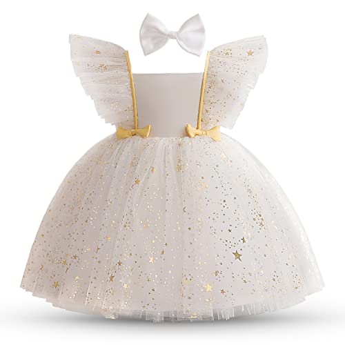 NNJXD Kleinkind Kleinkind Baby Mädchen Kleine Sterne Tüll Kleid Party Bowknot Tutu Kleid 2023 Weiß Größe (120) 4-5 Jahre von NNJXD