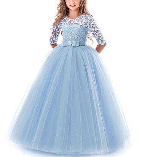 NNJXD Mädchen Festzug Stickerei Prom Kleider Prinzessin Hochzeit Kleidung Größe(130) 6-7 Jahre 378 Blau-A von NNJXD