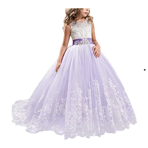 NNJXD Mädchen Spitze Tüll Gestickte Prinzessin Prom Ballkleid Formale Partei Lang Schwanz Kleider Größe (160) 12-13 Jahre 406 Lila-A von NNJXD