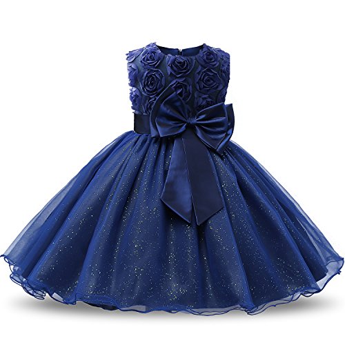 NNJXD Mädchen Ärmellos Spitze 3D Blumen Tutu Urlaub Prinzessin Kleider Größe(100) 1.5-2 Jahre Navy Blue von NNJXD