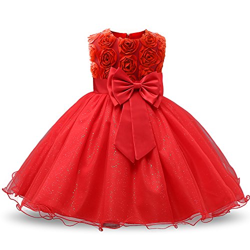 NNJXD Mädchen Ärmellos Spitze 3D Blumen Tutu Urlaub Prinzessin Kleider Größe(100) 1.5-2 Jahre Rot von NNJXD