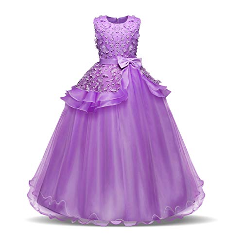 NNJXD Mädchen Ärmellos Stickerei Prinzessin Festzug Kleider Abschlussball Ballkleid Größe(160) 12-13 Jahre 354 Lila-A von NNJXD