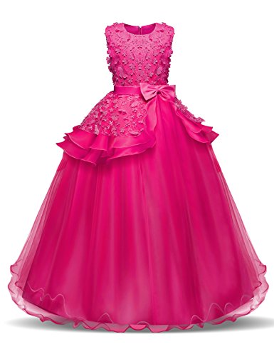 NNJXD Mädchen Ärmellos Stickerei Prinzessin Festzug Kleider Abschlussball Ballkleid Größe(160) 12-13 Jahre 354 Rose-A von NNJXD