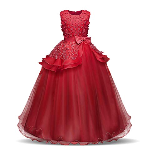 NNJXD Mädchen Ärmellos Stickerei Prinzessin Festzug Kleider Abschlussball Ballkleid Größe(160) 12-13 Jahre 354 Rot-A von NNJXD