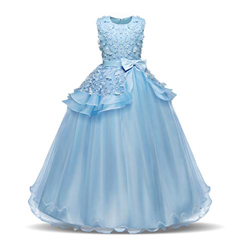 NNJXD Mädchen Ärmellos Stickerei Prinzessin Festzug Kleider Abschlussball Ballkleid Größe(120) 4-5 Jahre 354 Blau-A von NNJXD