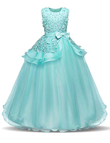 NNJXD Mädchen Ärmellos Stickerei Prinzessin Festzug Kleider Abschlussball Ballkleid Größe(120) 4-5 Jahre 354 Grün-A von NNJXD