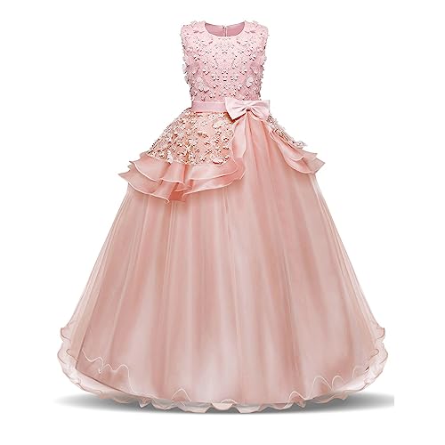 NNJXD Mädchen Ärmellos Stickerei Prinzessin Festzug Kleider Abschlussball Ballkleid Größe(120) 4-5 Jahre 354 Rosa-A von NNJXD