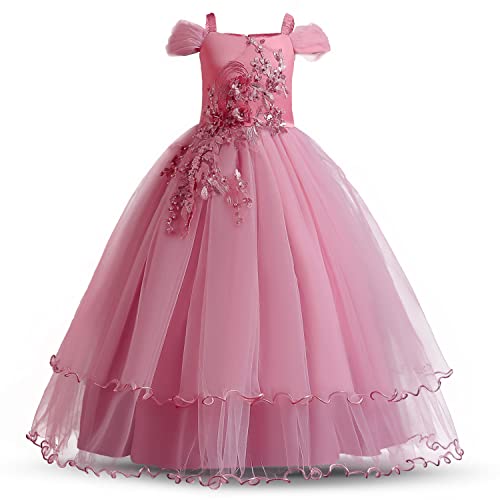 NNJXD Mädchen Applique Abschlussball-Kleider Weg von der Schulter Hochzeit Geburtstag Partei Prinzessin Lange Kleider Größe(140) 8-9 Jahre 431 Rosa-A von NNJXD