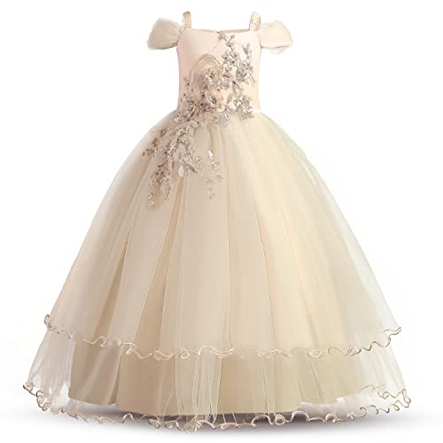 NNJXD Mädchen Applique Abschlussball-Kleider Weg von der Schulter Hochzeit Geburtstag Partei Prinzessin Lange Kleider Größe(160) 11-12 Jahre 431 Hellgelb-A von NNJXD