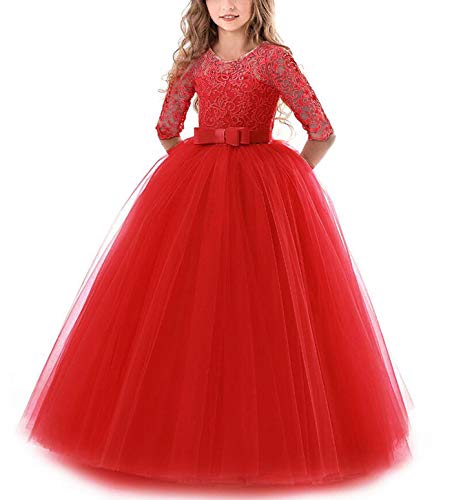 NNJXD Mädchen Festzug Stickerei Prom Kleider Prinzessin Hochzeit Kleidung Größe(150) 9-10 Jahre 378 Rot-A von NNJXD