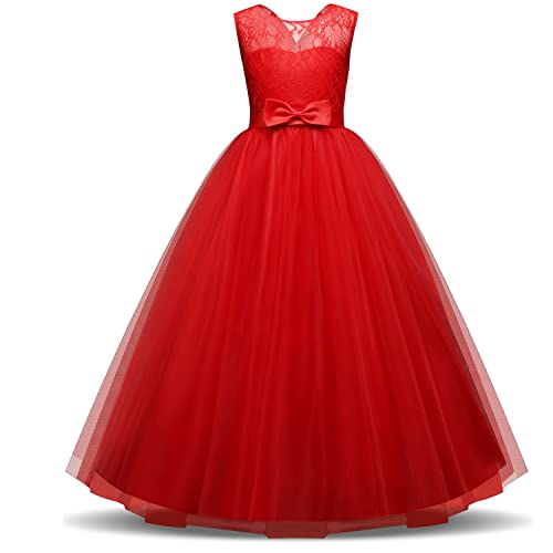 NNJXD Mädchen Kinder Spitze Tüll Hochzeit Kleid Prinzessin Kleider Größe (130) 6-7 Jahre Rot von NNJXD