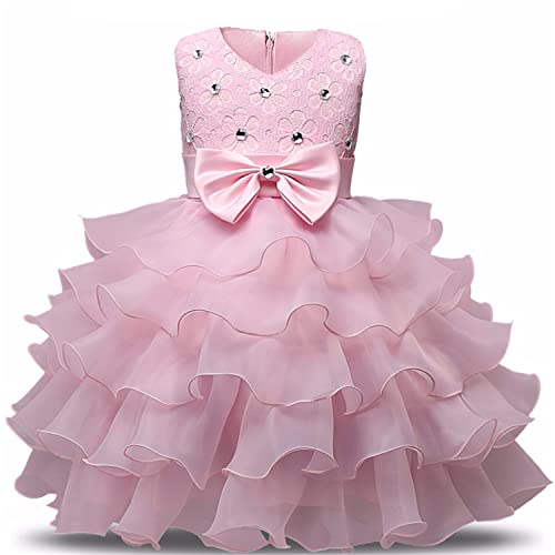 NNJXD Mädchen Kleid Kinder Rüschen Spitze Party Brautkleider Größe(100) 2-3 Jahre Rosa von NNJXD